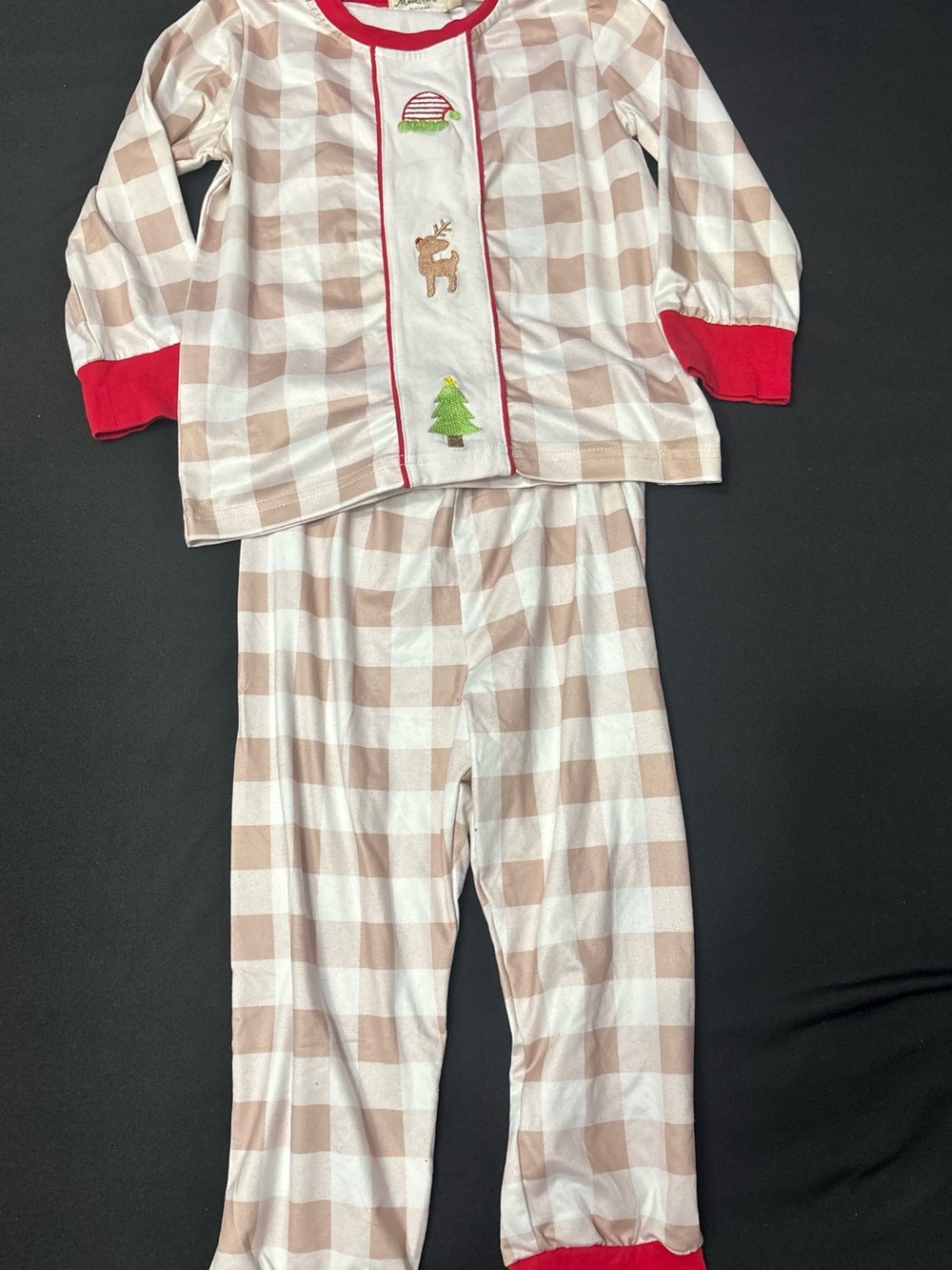 Kids Beige Plaid Holiday Set with Red Trim